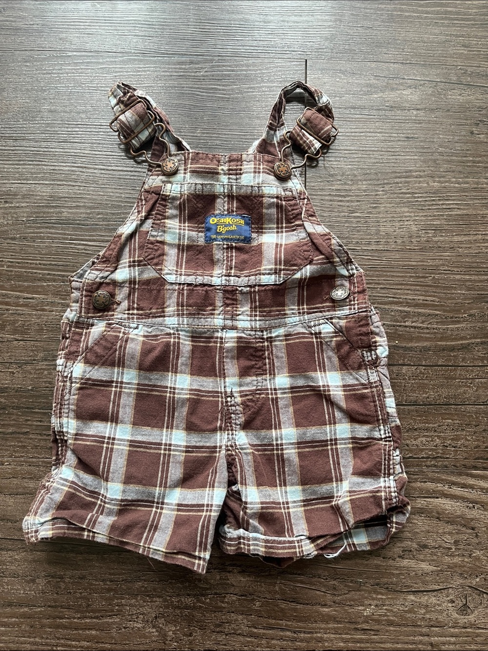 OshKosh B'gosh Brown and Blue Plaid Short Overalls Size 6 Months